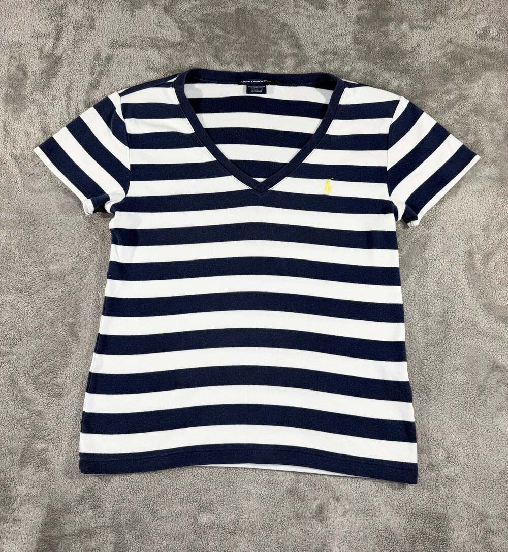 Ralph Lauren Sport Navy Blue and White Striped V-Neck T-Shirt Size L